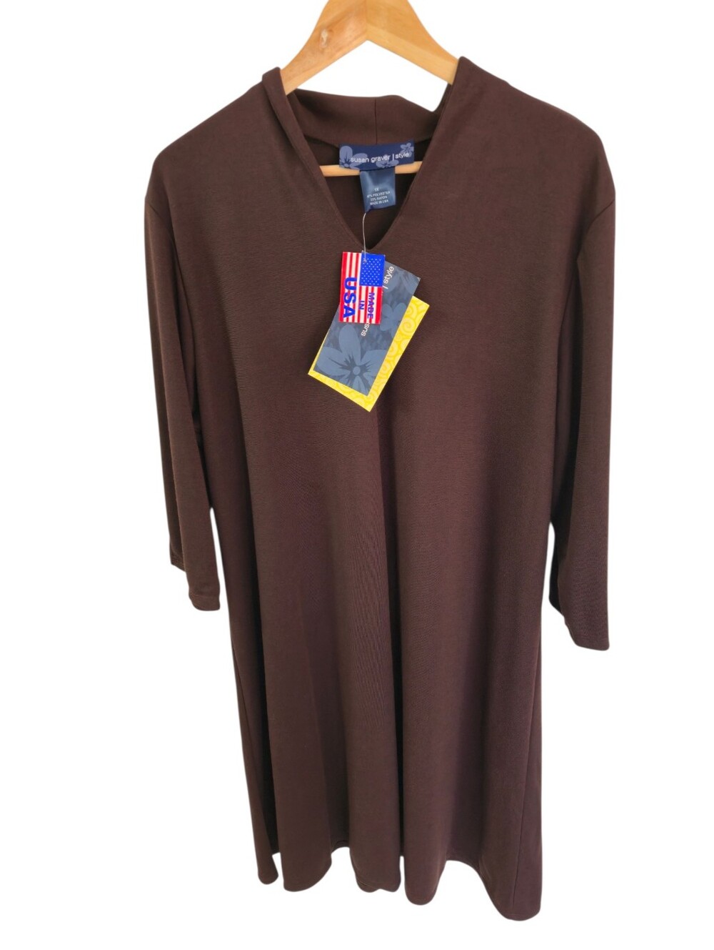 NWT Susan Graver Style Long Sleeve V Neck Dress Brown Size 1X USA